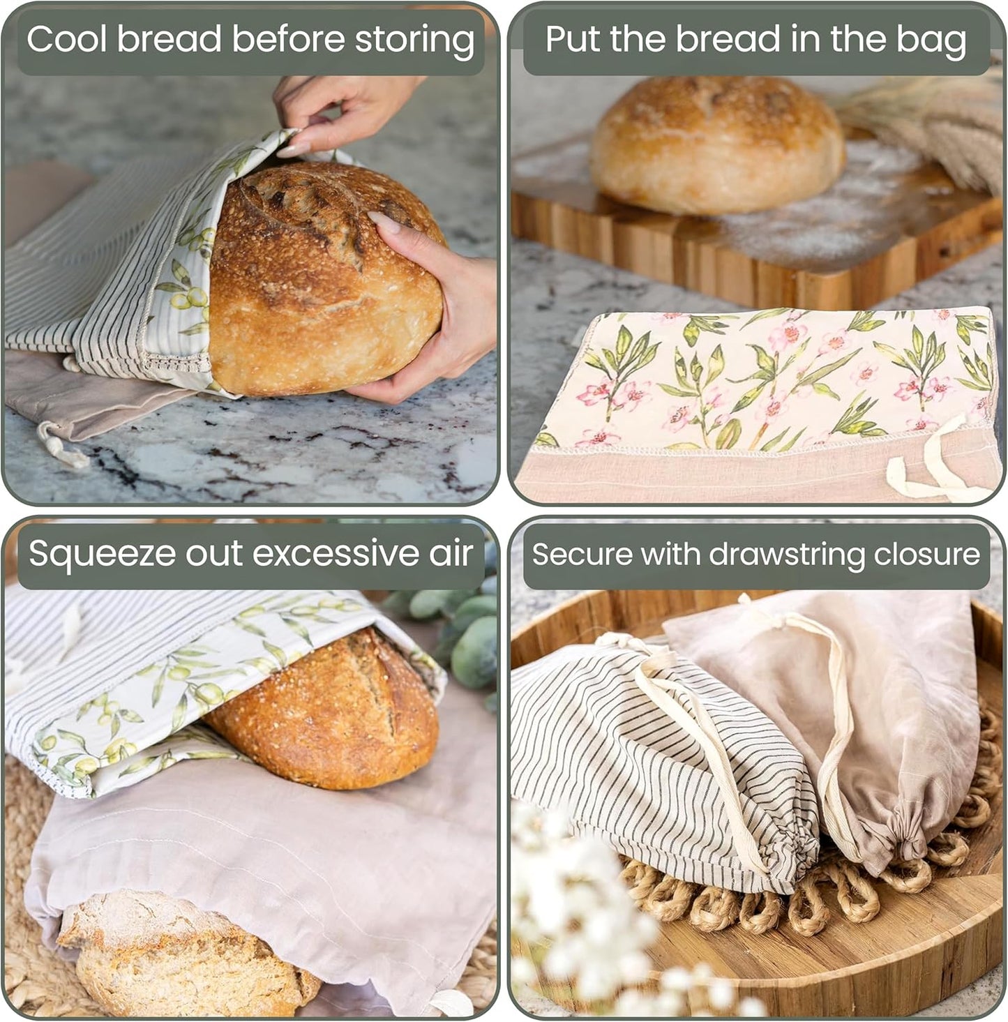 Ark & Aron Reusable Bread Bags - Pack of 2 Beeswax Bread Bags for Sourdough | Linen Bread Bag for Homemade Breads | Sourdough Loaf Bags | Cotton Food Storage Bag for Breads(Olive Leaf/Almond Branch)