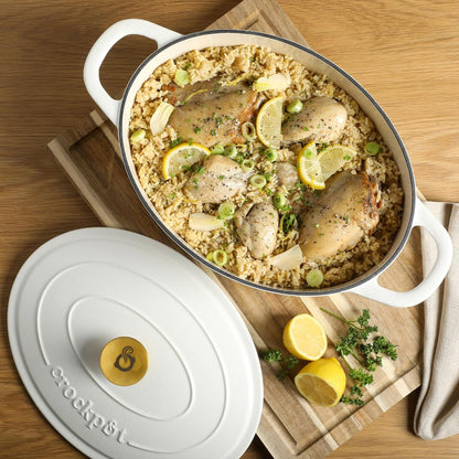Crock Pot Artisan 7-Quart Oval Dutch Oven With Lid, Enameled Cast Iron, Linen White With Gold Knob, Heavy-Duty Cookware for Baking, Braising, Roasting & Slow Cooking