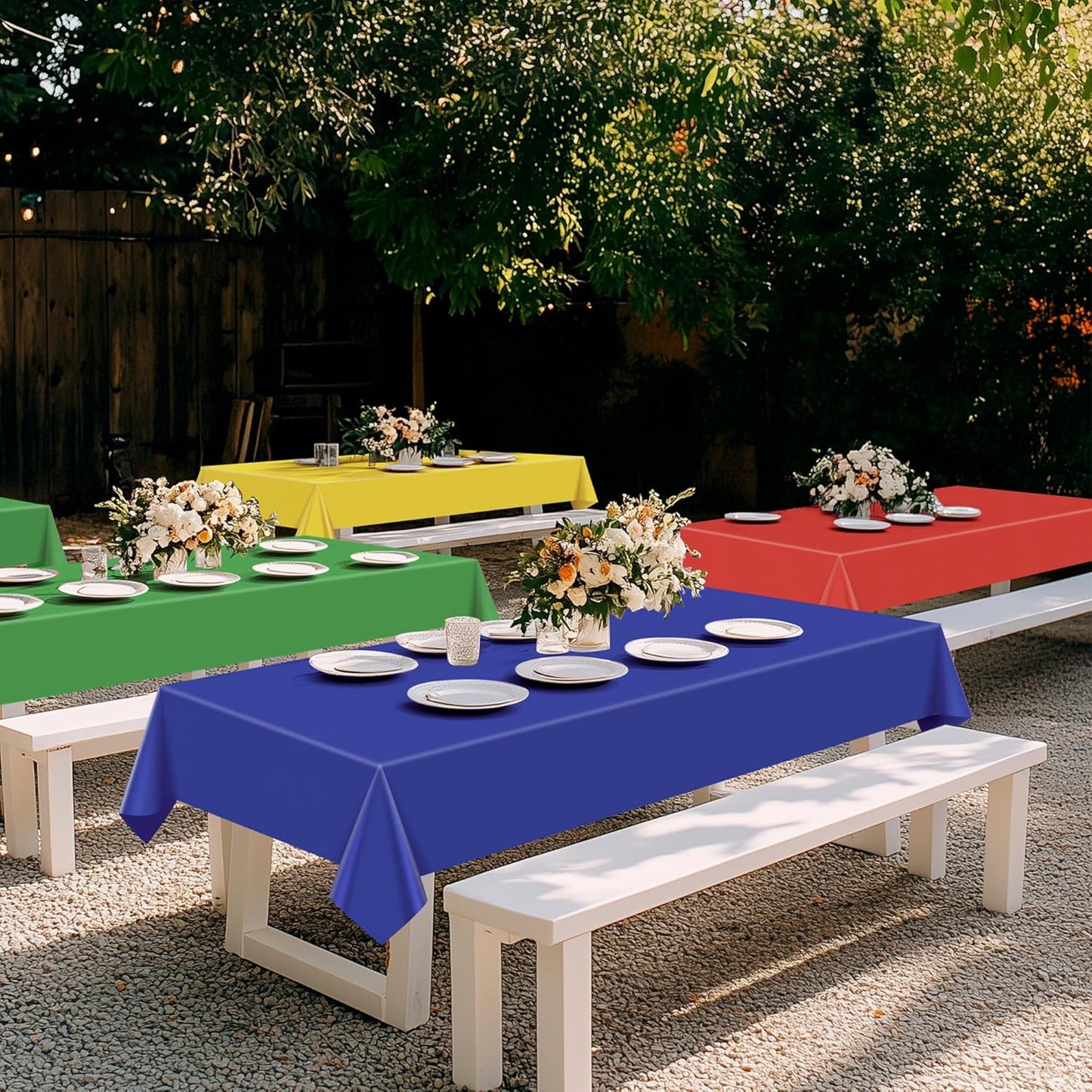 4 Pcs Red&Blue&Green&Gold Series Rectangle Tablecloth, 54x72" Solid Color Waterproof & Spillproof Disposable Plastic Table Cover, Durable Party Tablecloth for Dining, Buffet, Picnic, Outdoor Events