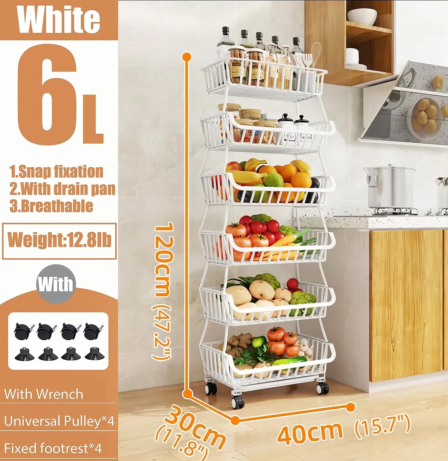 MURRI&MURRDI Fruit Vegetable Storage Basket with Wheels, 6 Tier Stackable Wire Storage Baskets, Tall Standing Produce Kitchen Rack Display, Narrow Rolling Cart for Pantry Onion Potato, White
