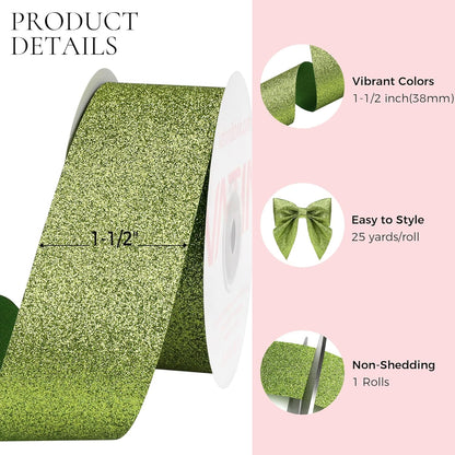 VATIN Extra Wide Lime Green Glitter Ribbon - 1.5" x 25 Yds for Christmas Trees, Party Backdrops, Table Runners, Outdoor Decor