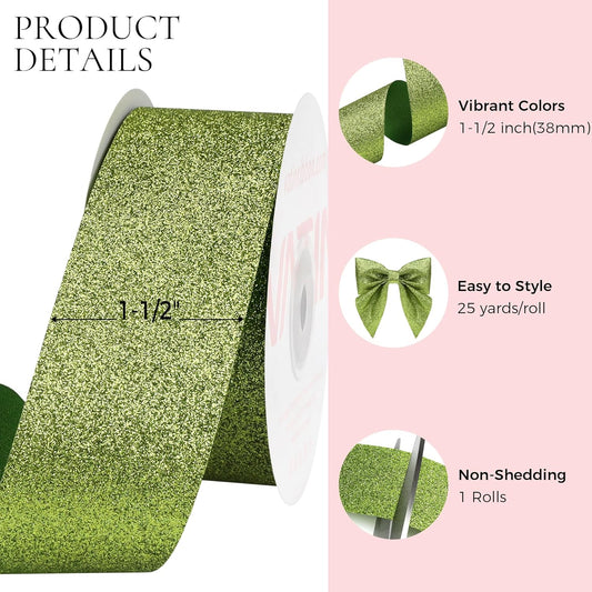 VATIN Extra Wide Lime Green Glitter Ribbon - 1.5" x 25 Yds for Christmas Trees, Party Backdrops, Table Runners, Outdoor Decor