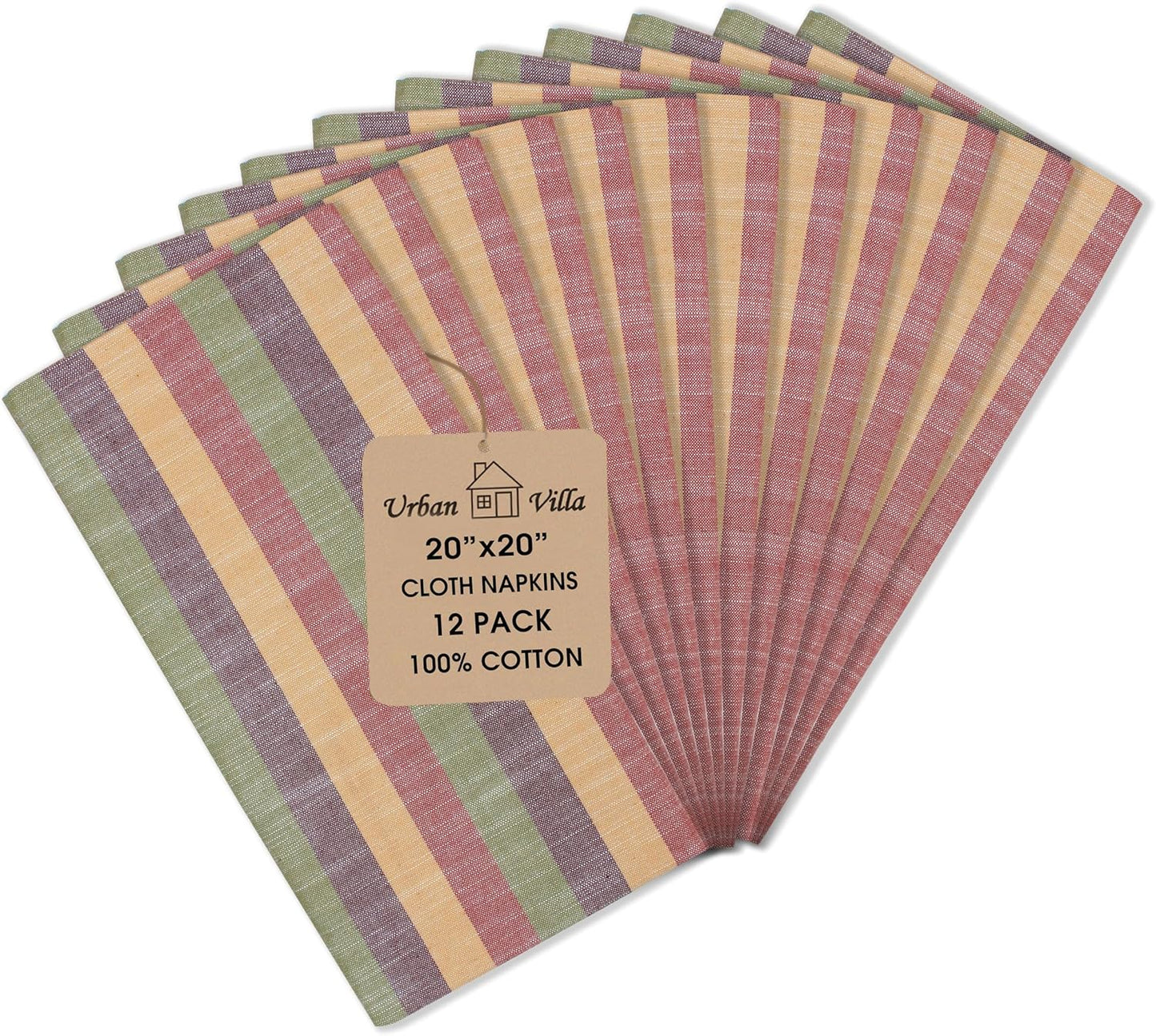 Urban Villa Cloth Napkins Set of 12 20x20 Inches 100% Cotton Napkins Cloth Washable Durable Reusable Absorbent Table Dinner Napkins Cloth for Thanksgiving Fall Hotel Lunch Restaurant- Harvest Stripes