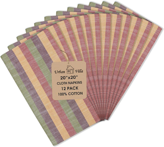 Urban Villa Cloth Napkins Set of 12 20x20 Inches 100% Cotton Napkins Cloth Washable Durable Reusable Absorbent Table Dinner Napkins Cloth for Thanksgiving Fall Hotel Lunch Restaurant- Harvest Stripes