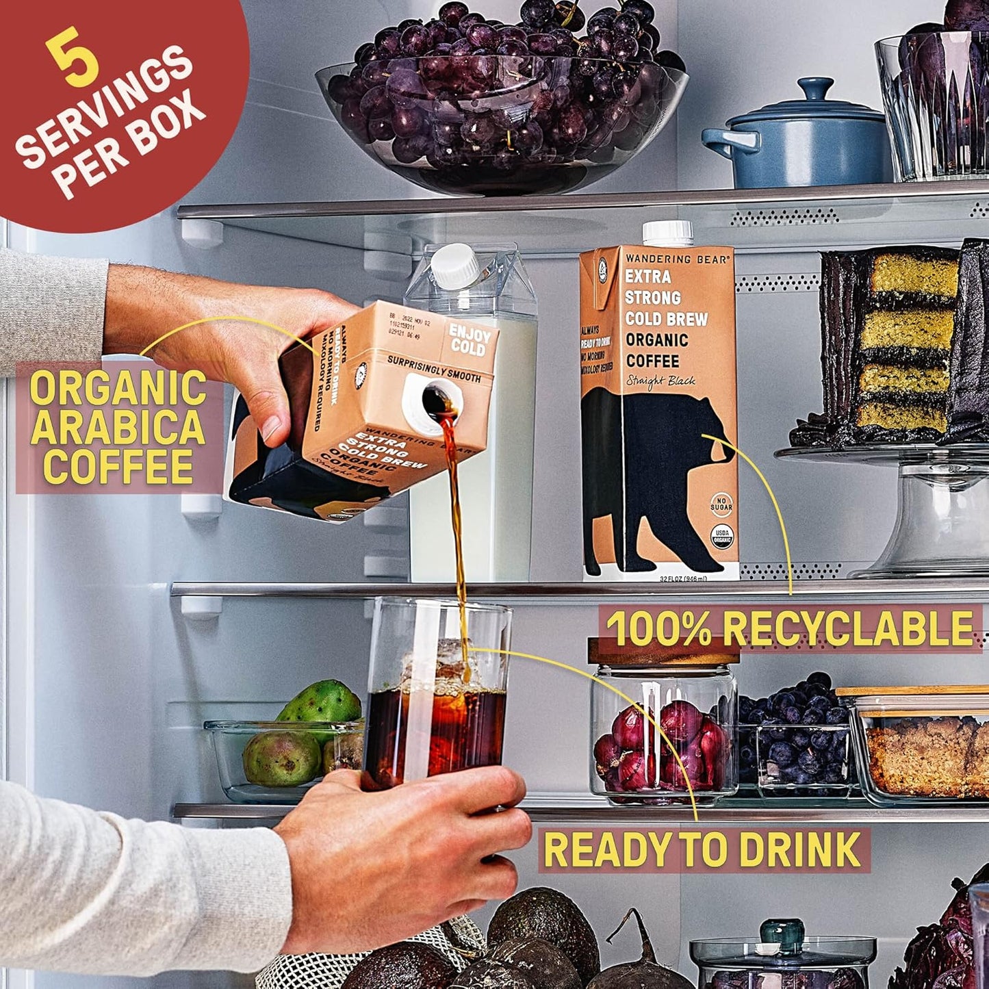 Wandering Bear Organic Mocha Cold Brew Coffee - Strong, Bold, Smooth, Unsweetened, Shelf-Stable, Ready to Drink, Gluten Free, & Vegan Iced Cold Brewed Coffee Drink - 32 fl oz, 3 pack