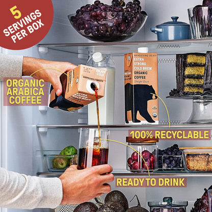 Wandering Bear Organic Mocha Cold Brew Coffee - Strong, Bold, Smooth, Unsweetened, Shelf-Stable, Ready to Drink, Gluten Free, & Vegan Iced Cold Brewed Coffee Drink - 32 fl oz, 6 pack