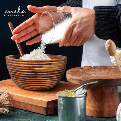 Mela Artisans Wooden Fruit Bowl | Dark Burnt Finish | 9” Decorative Mango Wood Serving Bowl | Multipurpose for Kitchen Countertop | Salad | Snacks | Fruit | Breads & More | Natural Grain Look