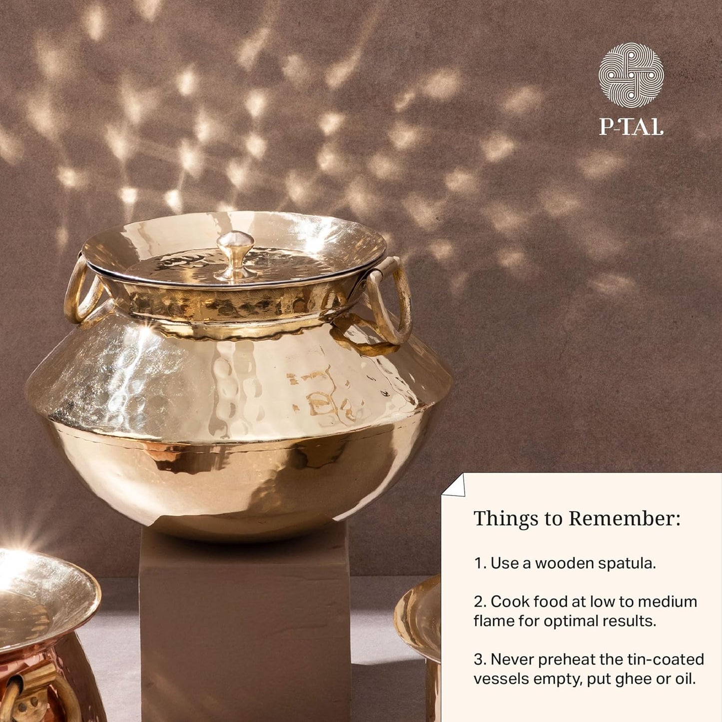 P-TAL Brass Patili with Lid and Handles for Cooking Teflon Free Degchi 3L Brass Handi for Cooking