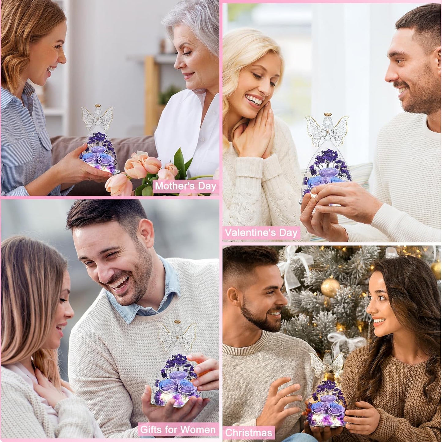 Christmas Rose Gifts for Women Preserved Real Flower in Glass Angel Figurines Roses for Delivery Prime Birthday Gifts for Mom Grandma Girlfriend Wife Her, BluePurple