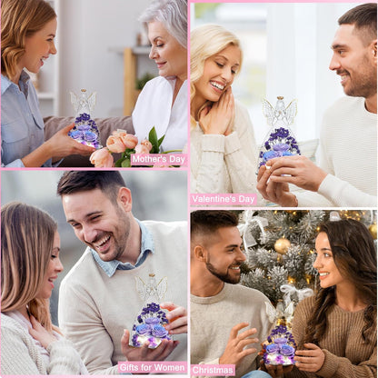 Christmas Rose Gifts for Women Preserved Real Flower in Glass Angel Figurines Roses for Delivery Prime Birthday Gifts for Mom Grandma Girlfriend Wife Her, BluePurple