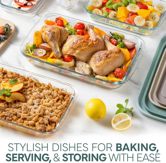 COOK WITH COLOR 8-Piece Deep Glass Baking Dish Set with Plastic Lids – Casserole and Food Storage Containers for Lasagna, Leftovers – Freezer-to-Oven, Microwave & Dishwasher Safe, Mint
