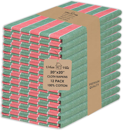 Urban Villa Christmas Cloth Napkin Xmas Stripes Dinner Napkins Set of 12 Red Green White 100% Cotton Reusable Washable Absorbent Soft Cloth Napkins 20”X20”Ideal for Everyday Use Christmas Parties