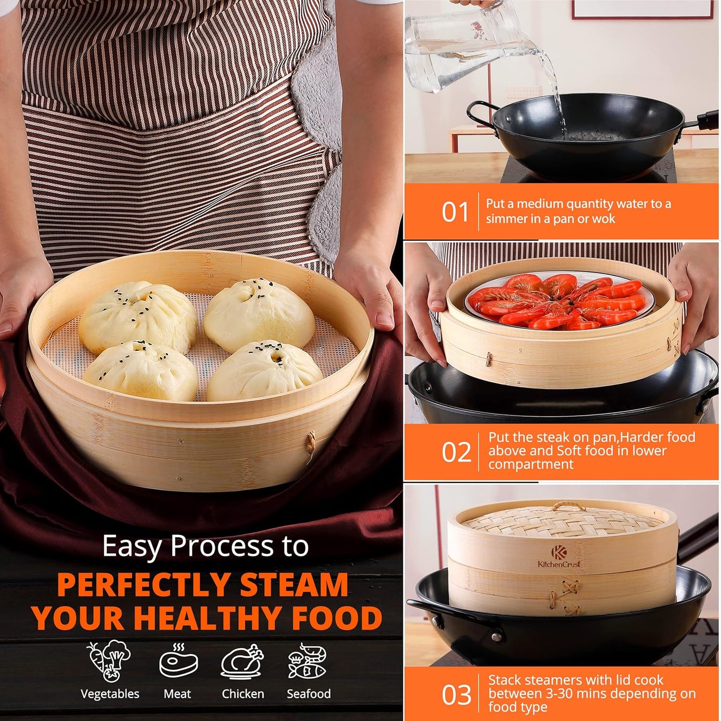 Bamboo Steamer Basket for Chinese Asian Cuisine - 2 Tier 10-Inch Steaming Basket Bun Vegetable Bao Buns, Sauce Dish, Chopsticks, Reusable Liners