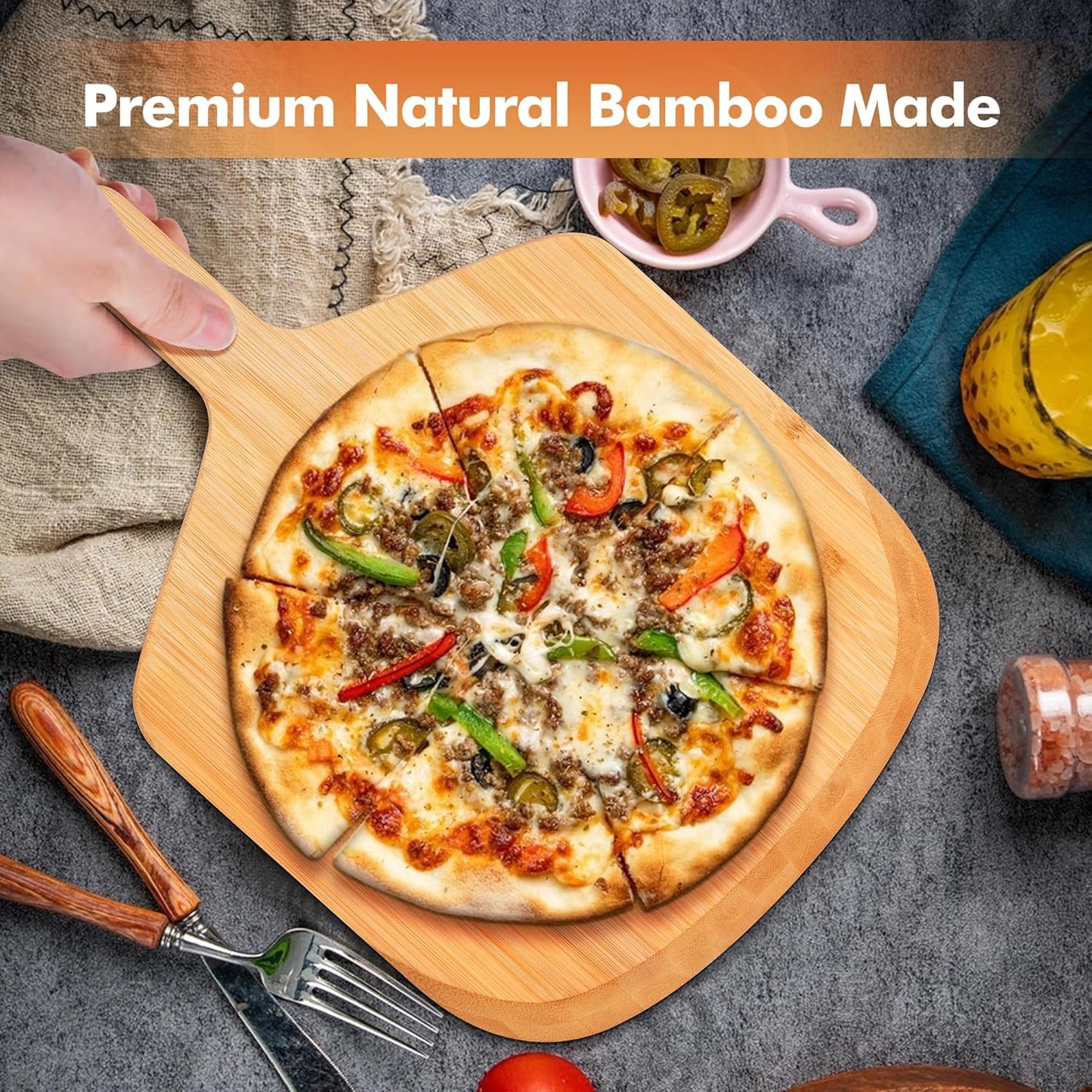 12 Inch Bamboo Pizza Peel Premium Wooden Pizza Board Paddle with Handle for Baking, Serving & Cutting– Use for Pizza, Bread, Pastries, Dough, Easy Grip