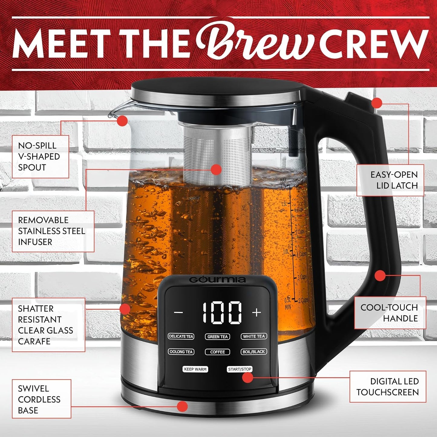 Gourmia Electric Programmable Glass Kettle – 1.7L Temperature Control Tea & Coffee Kettle with Digital Touch Display, 6 Presets, Keep Warm, Removable Stainless Steel Infuser, 360° Swivel Base – Black