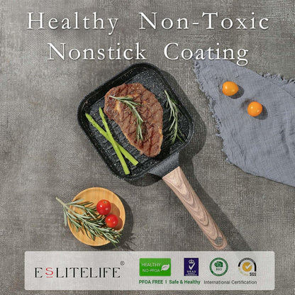 ESLITE LIFE 7 Inch Nonstick Small Grill Pan for Indoor Cooking, Versatile Induction Square Grilling Skillet Steak Pan for Stove Tops, PTFE & PFOA Free, Black