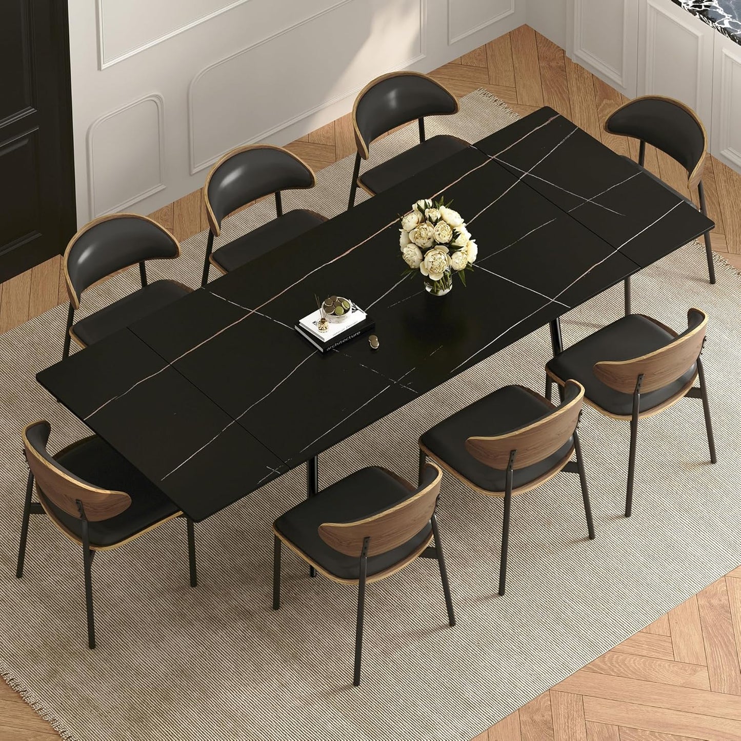 62.9"-94.4" Modern Extendable Dining Table for 6 to 10 Seats, Rectangular Sintered Stone Table with High Hardness and Easy Maintenance for Dining Room Family Gathering, Black Top