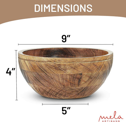 Mela Artisans Wooden Fruit Bowl | Light Burnt Finish | 9” Decorative Mango Wood Serving Bowl | Multipurpose for Kitchen Countertop | Salad | Dessert | Snacks | Breads & More | Natural Grain Pattern