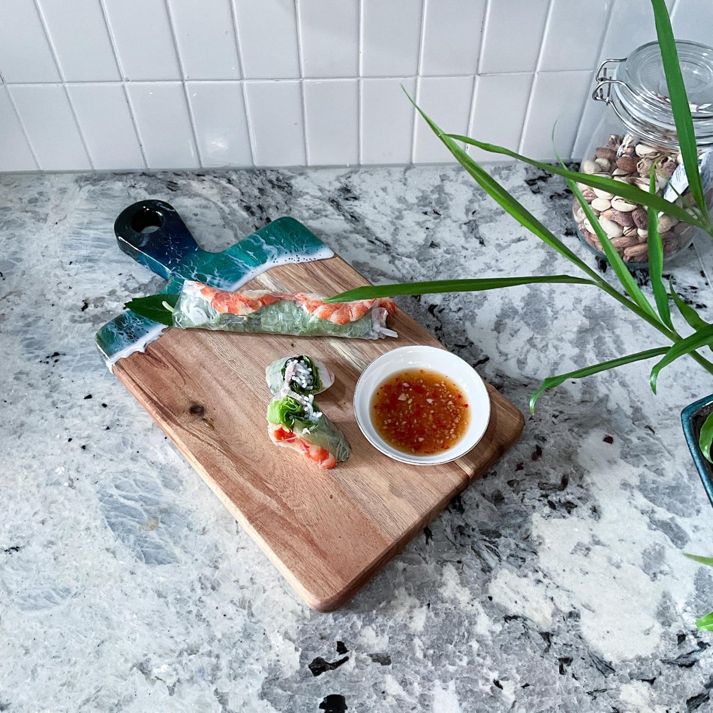 Acacia Wood Serving Board with Handle, 18.1" x 9.8", Dual-Sided Resin Art Tray for Display & Prep, Handcrafted Cutting Board, Includes Stand & Loofah, Christmas Housewarming Gift (Rectangular)