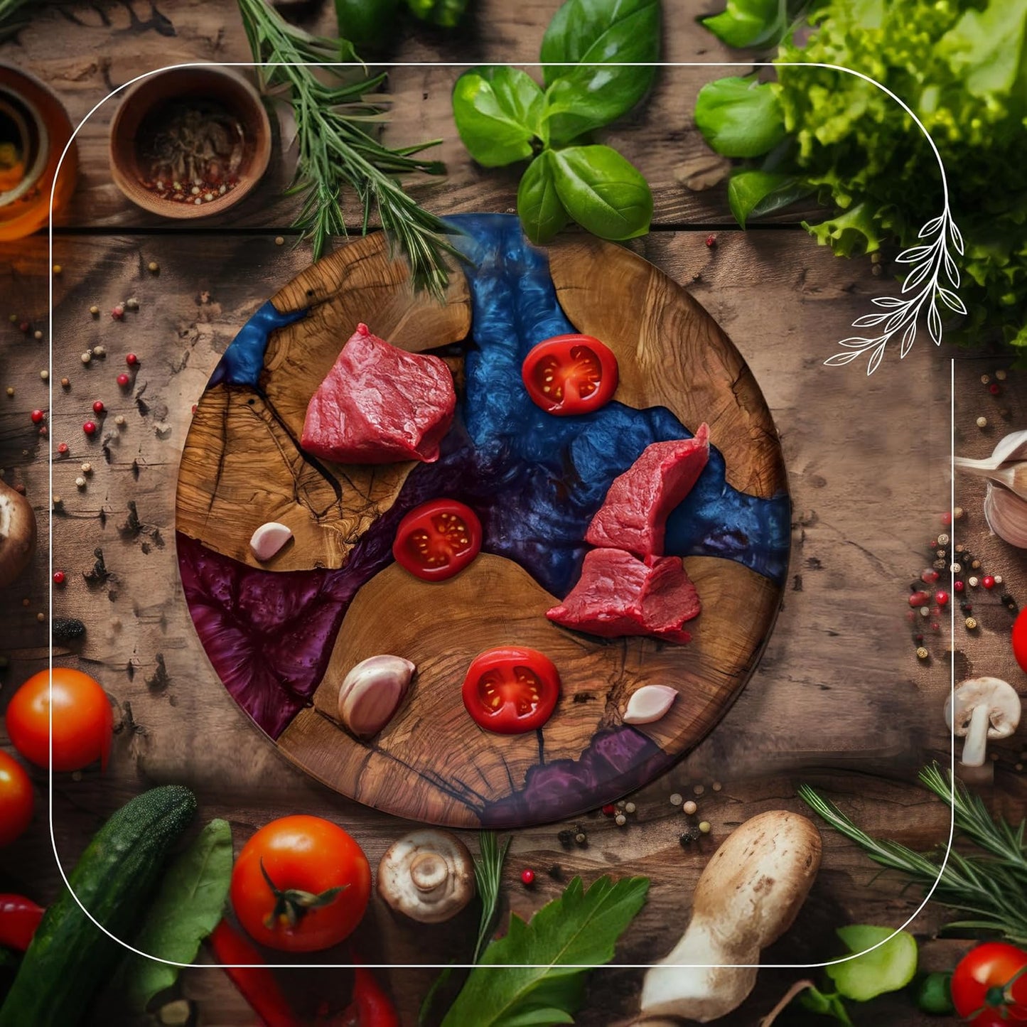 Handmade Olive Wood Round Cutting Board Resin Round Charcuterie Board, Epoxy Wood Cutting Board for Kitchen, Ocean Resin Cheese Board Wood Circle, Olive Wood Resin Pizza Board (Romance)