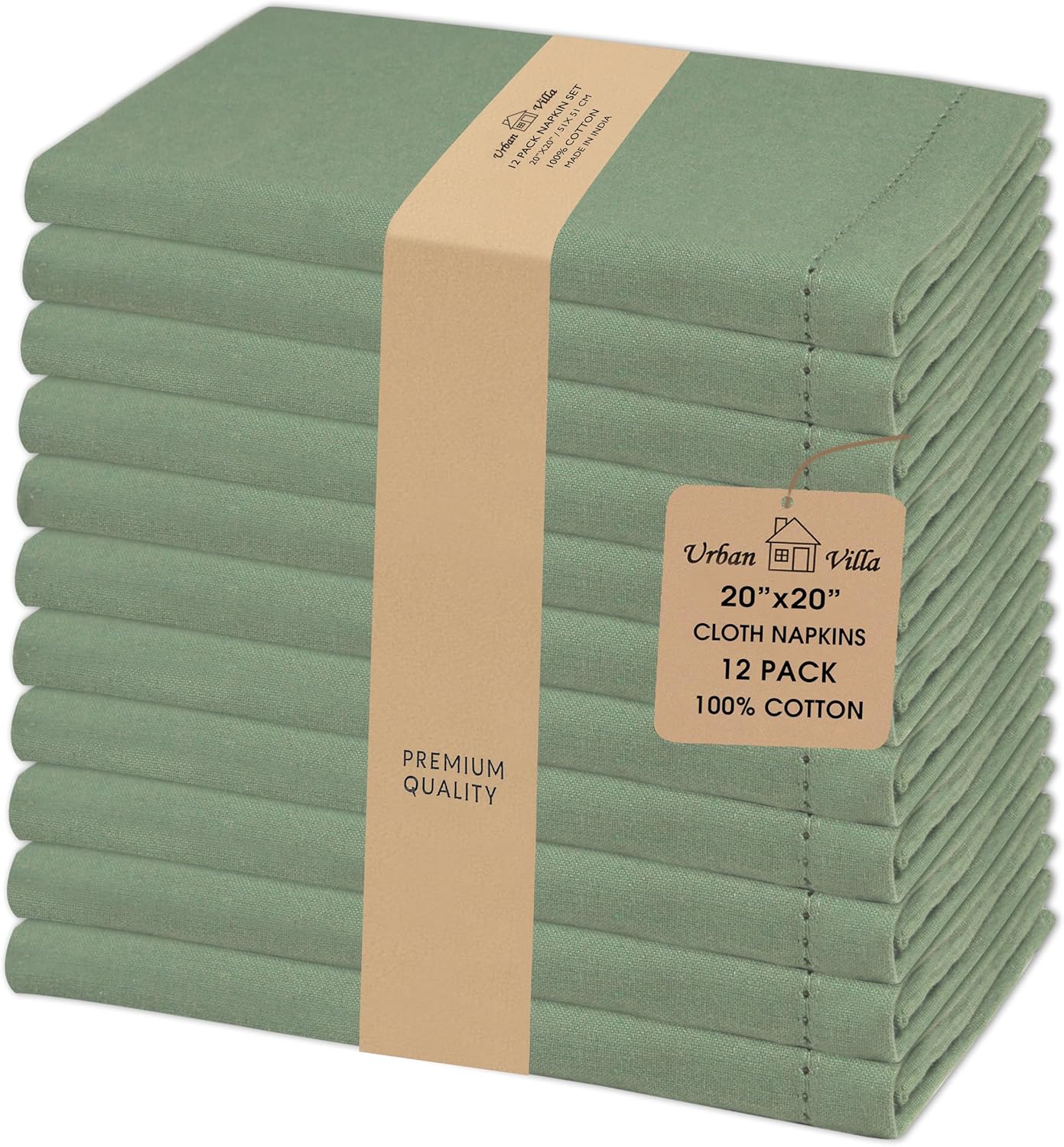 Urban Villa Cloth Napkins Sage Hemstitch Dinner Napkins Set of 12 20X20 100% Cotton Absorbent Washable Durable Reusable Cloth Napkins Ideal for Farmhouse Party Thanksgiving Harvest Fall Dinner Napkins