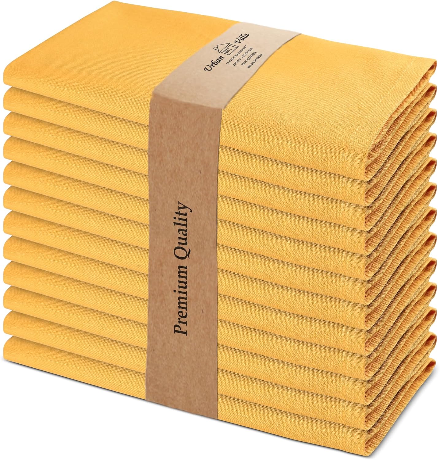 Urban Villa Cloth Napkins Set of 12 (20x20 Inches) 100% Cotton Napkins Cloth Washable Soft Durable Reusable Absorbent Table Dinner Napkins Cloth for Hotel Lunch Restaurant Weddings Parties - Mustard