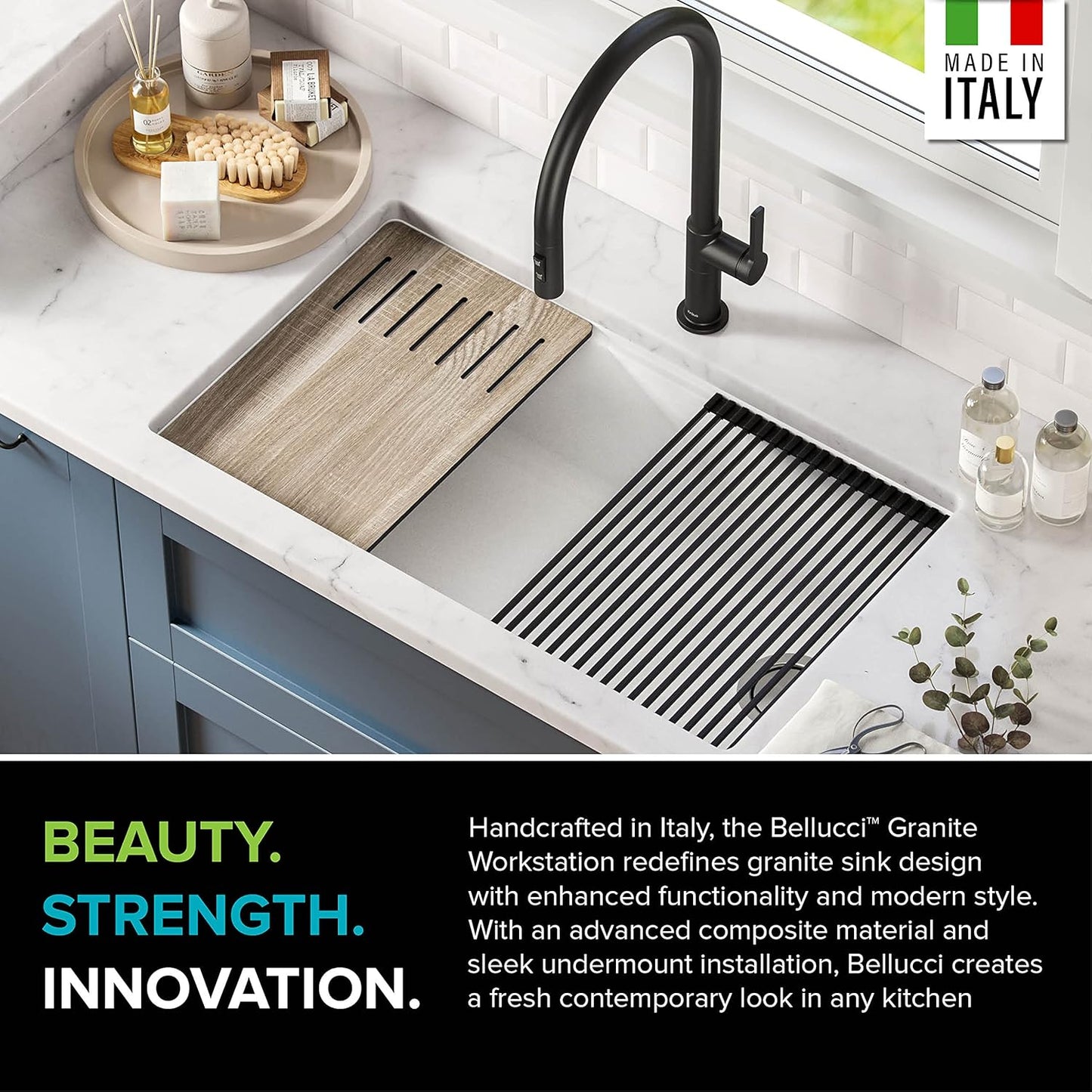 KRAUS Kitchen Sink Bellucci 32” Undermount Workstation Granite, Metallic White, Accessories, KGUW1-33WH