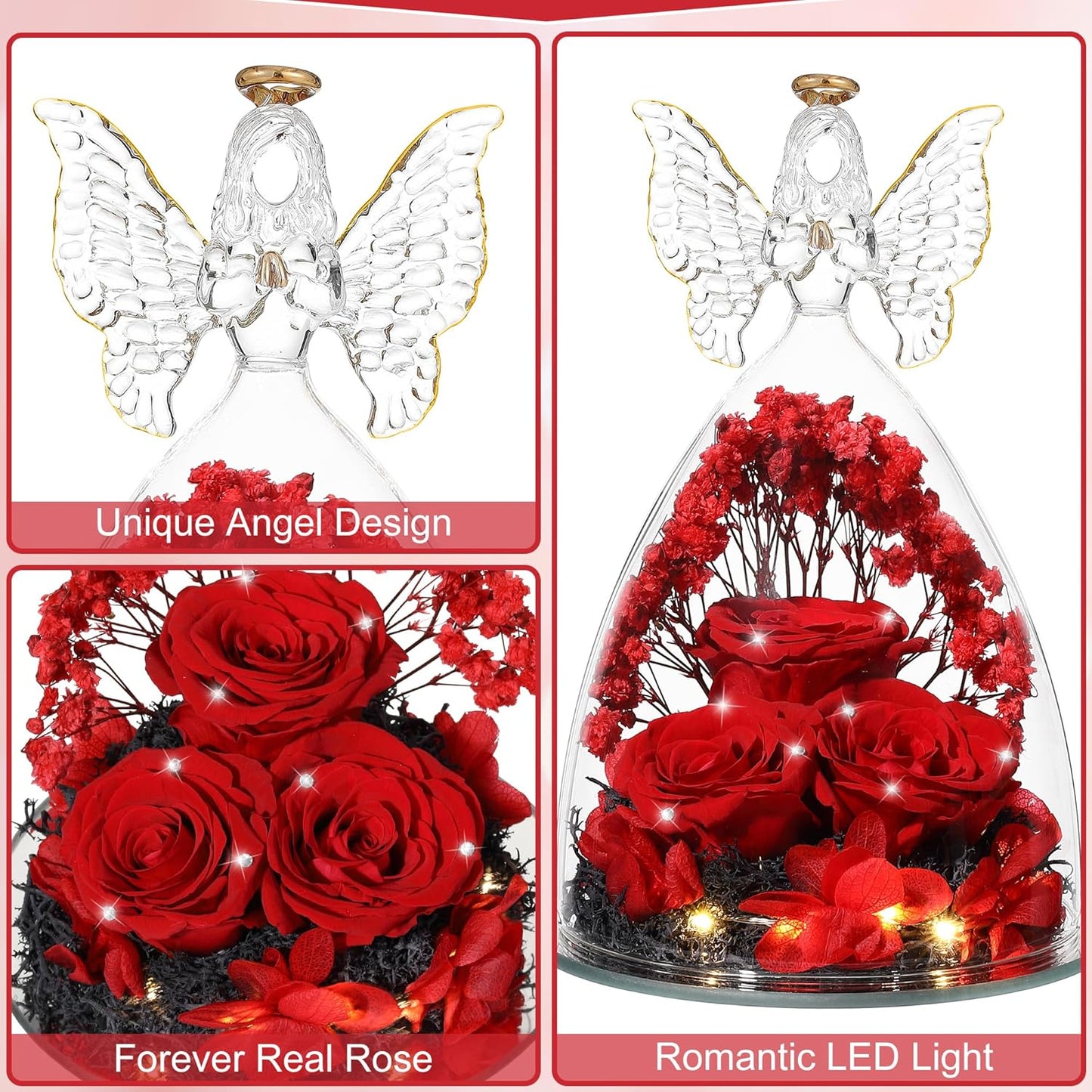 Christmas Rose Gifts for Women Preserved Real Flower in Glass Angel Figurines Roses for Delivery Prime Birthday Gifts for Mom Grandma Girlfriend Wife Her, Crystal Red