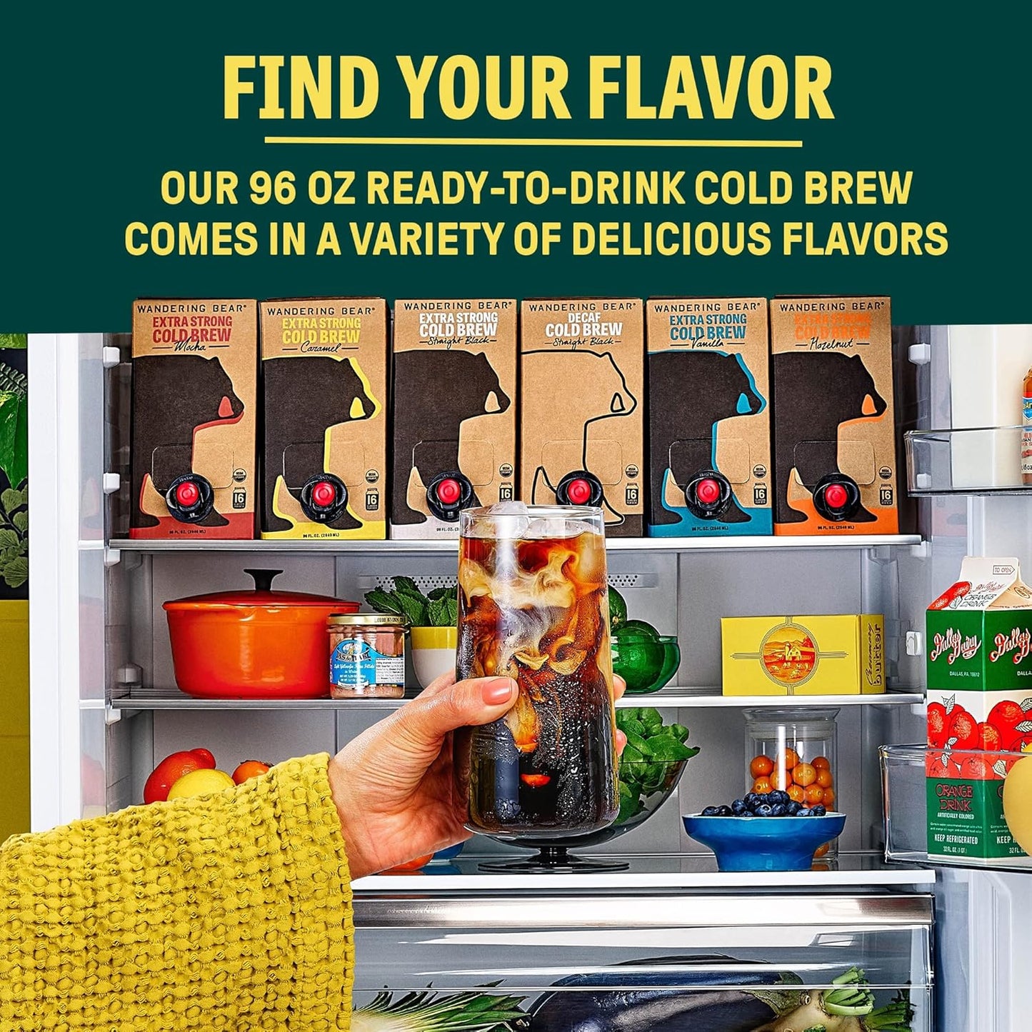 Wandering Bear Straight Black Organic Cold Brew Coffee On Tap, Iced Coffee Drink - Extra Strong, Smooth, No Sugar Added, Shelf-Stable, Ready to Drink, 100% Organic - 16 Servings of 6fl.oz - 96fl.oz