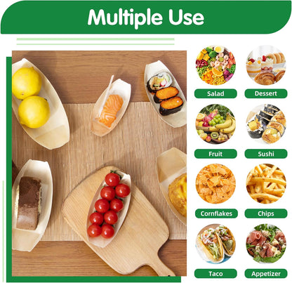 300-Pack Wooden Disposable Plates 5 IN Boat Plates Food Trays Disposable Dessert Plates Disposable Food Boats for Party Weddings Picnic (Actual Size Used: 2.95" D x 1.73" W x 0.59" H)