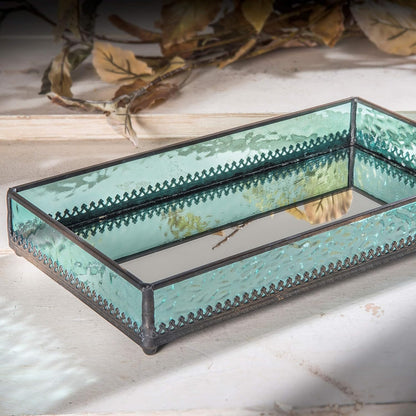 Turquoise Blue Glass Tray Mirrored Bottom Decorative Bathroom Vanity Cosmetic Makeup Organizer Jewelry Display Perfume Holder Dresser Home Décor Candle Tray Gift for Woman J Devlin Tra 126