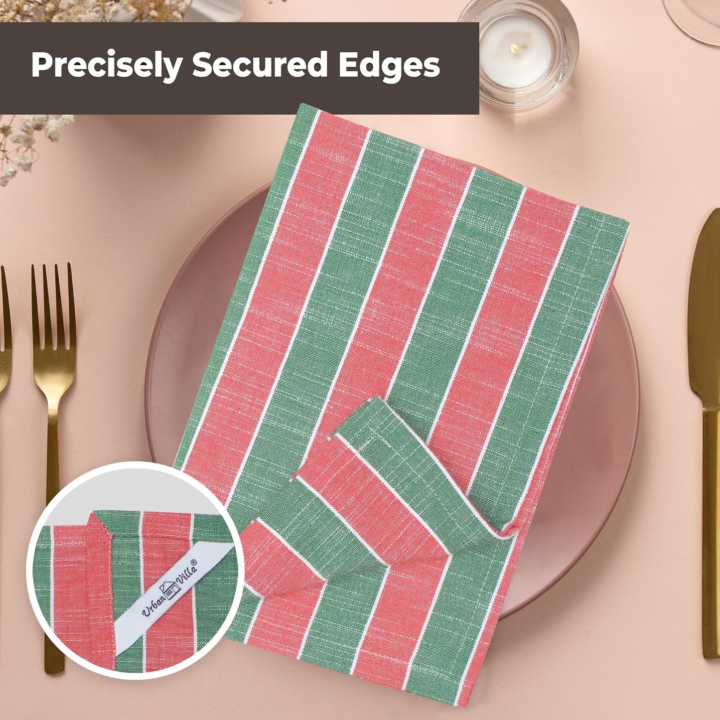 Urban Villa Christmas Cloth Napkin Xmas Stripes Dinner Napkins Set of 12 Red Green White 100% Cotton Reusable Washable Absorbent Soft Cloth Napkins 20”X20”Ideal for Everyday Use Christmas Parties