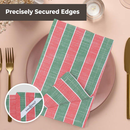 Urban Villa Christmas Cloth Napkin Xmas Stripes Dinner Napkins Set of 12 Red Green White 100% Cotton Reusable Washable Absorbent Soft Cloth Napkins 20”X20”Ideal for Everyday Use Christmas Parties