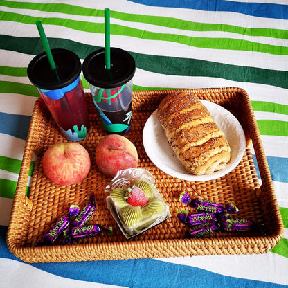 i-lan 17 Inch Oversize Handmade Rectangular Serving Trays with Cutout Handles and 2.3” Wall,Decorative Rattan Woven Storage Baskets Organizer Plate Tray for Bread,Fruits,Catch All Dish,XL,Brown