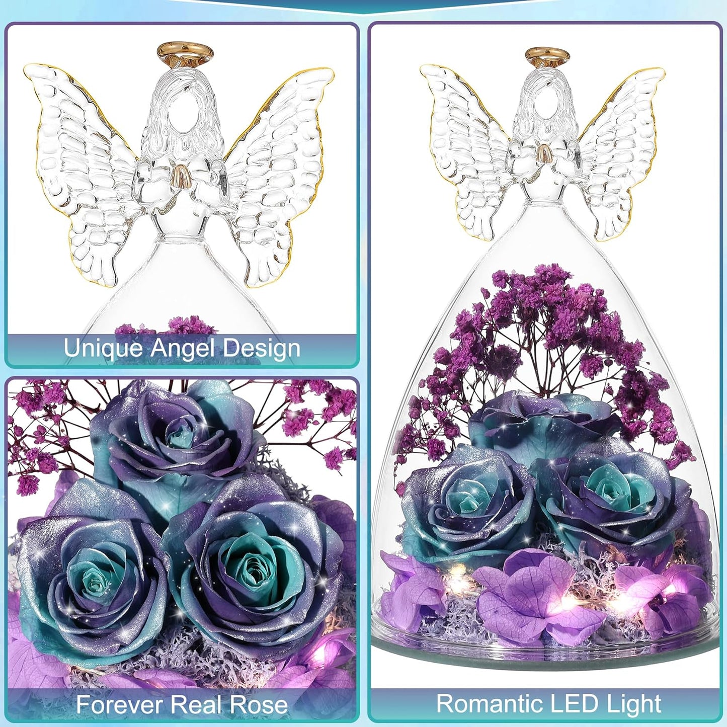 Christmas Rose Gifts for Women Preserved Real Flower in Glass Angel Figurines Roses for Delivery Prime Birthday Gifts for Mom Grandma Girlfriend Wife Her, GlitterBluePurple