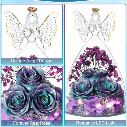 Christmas Rose Gifts for Women Preserved Real Flower in Glass Angel Figurines Roses for Delivery Prime Birthday Gifts for Mom Grandma Girlfriend Wife Her, GlitterBluePurple