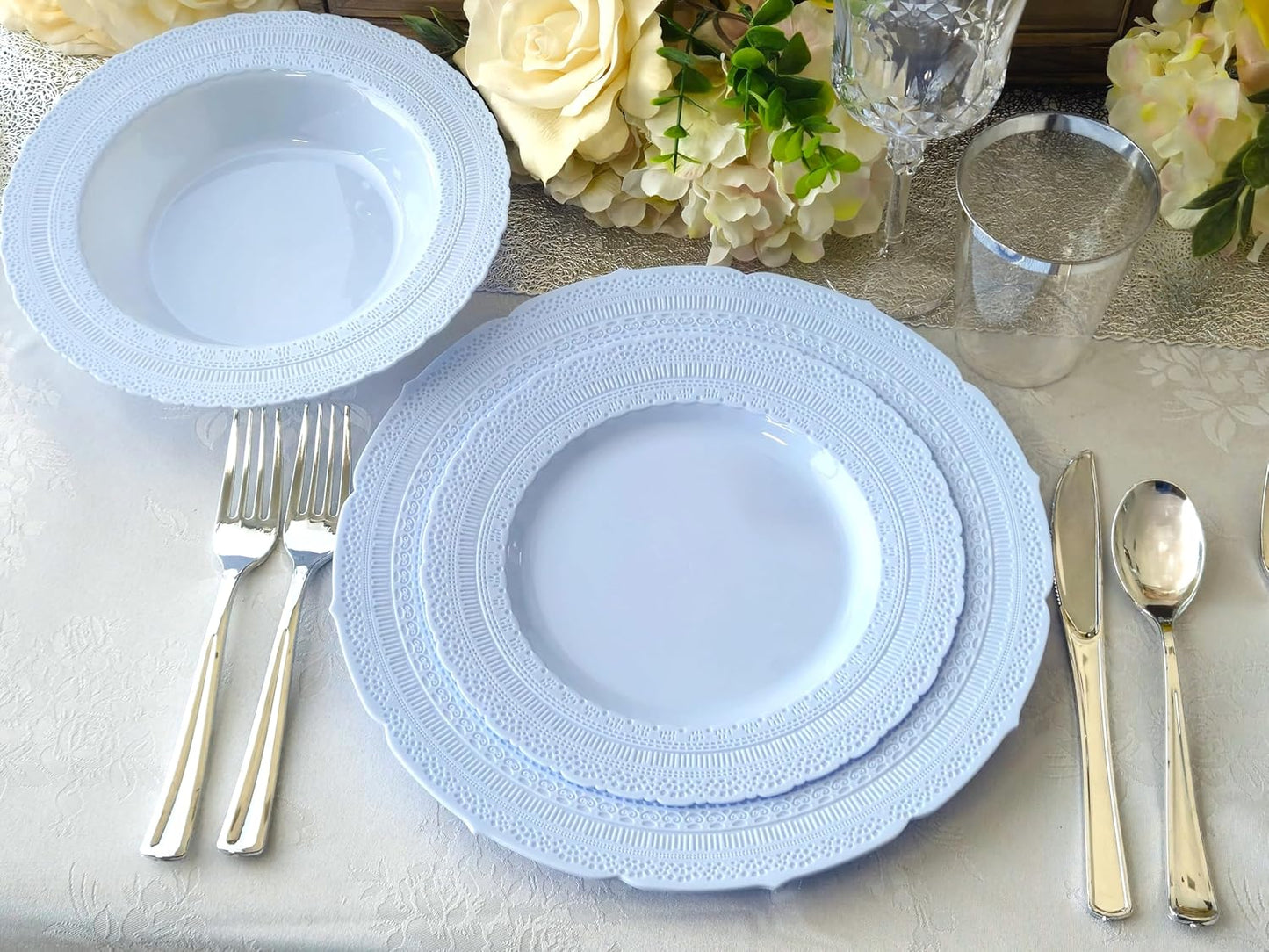 " OCCASIONS " 120 Plates Pack,(60 Guests) Extra Heavyweight Vintage Wedding Disposable/Reusable Plastic Plates 60 x 11'' Dinner + 60 x 8.25'' Salad/Dessert Plate (Chateau Blue)