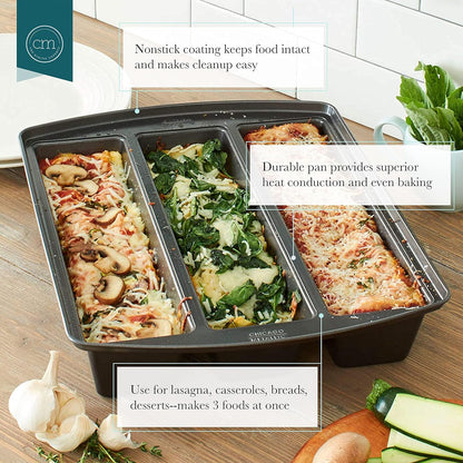 Chicago Metallic Professional Lasagna Trio Pan, Perfect for loaf breads, cakes and more 12.5 by 16 by 3 inches, Silver