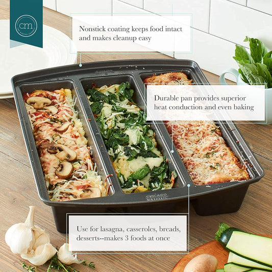 Chicago Metallic Professional Lasagna Trio Pan, Perfect for loaf breads, cakes and more 12.5 by 16 by 3 inches, Silver