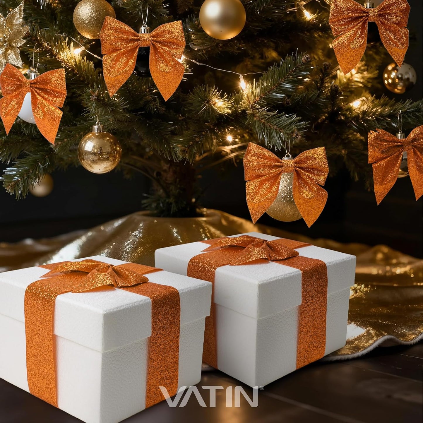 VATIN Wide Orange Glitter Ribbon 1-1/2" X 25 Yards Roll for Giant Bows, Christmas Wreaths, Porch Decor, Oversized Gifts