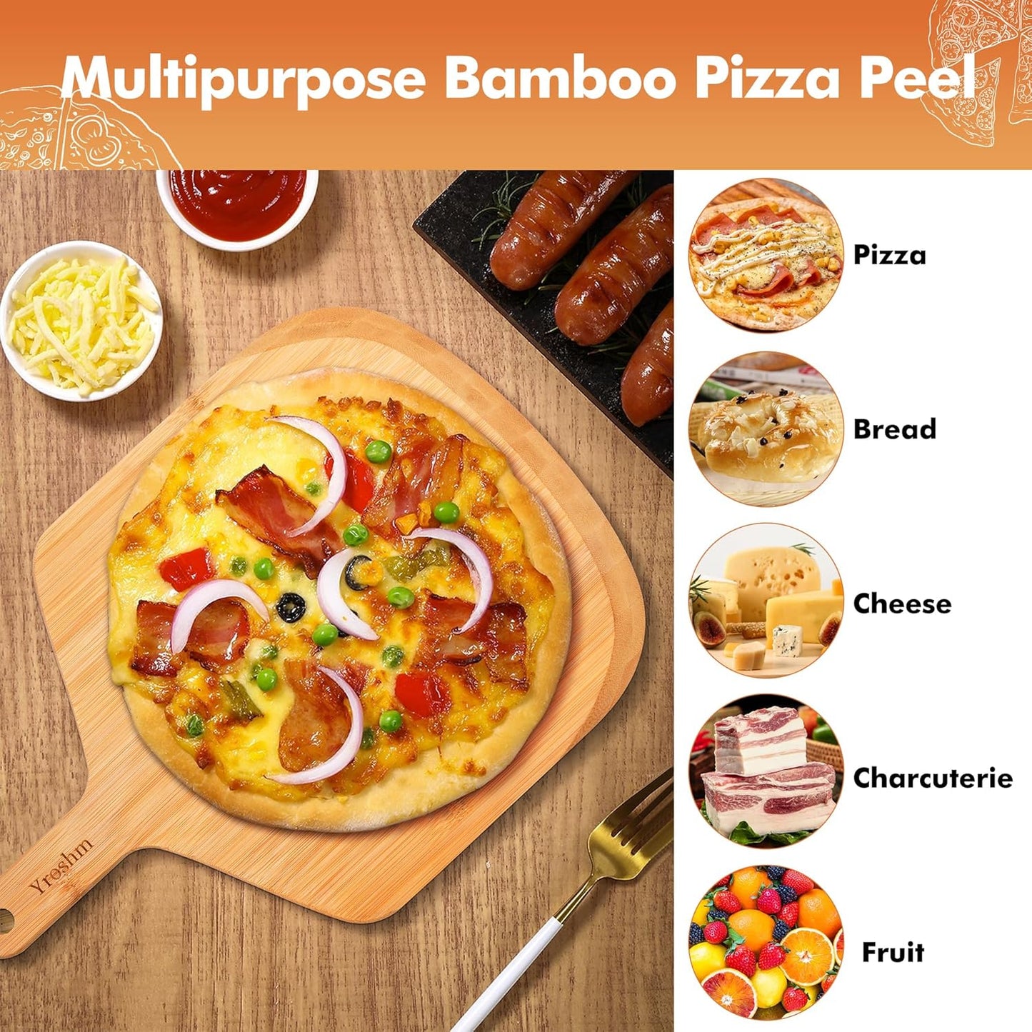 12 Inch Bamboo Pizza Peel Premium Wooden Pizza Board Paddle with Handle for Baking, Serving & Cutting– Use for Pizza, Bread, Pastries, Dough, Easy Grip