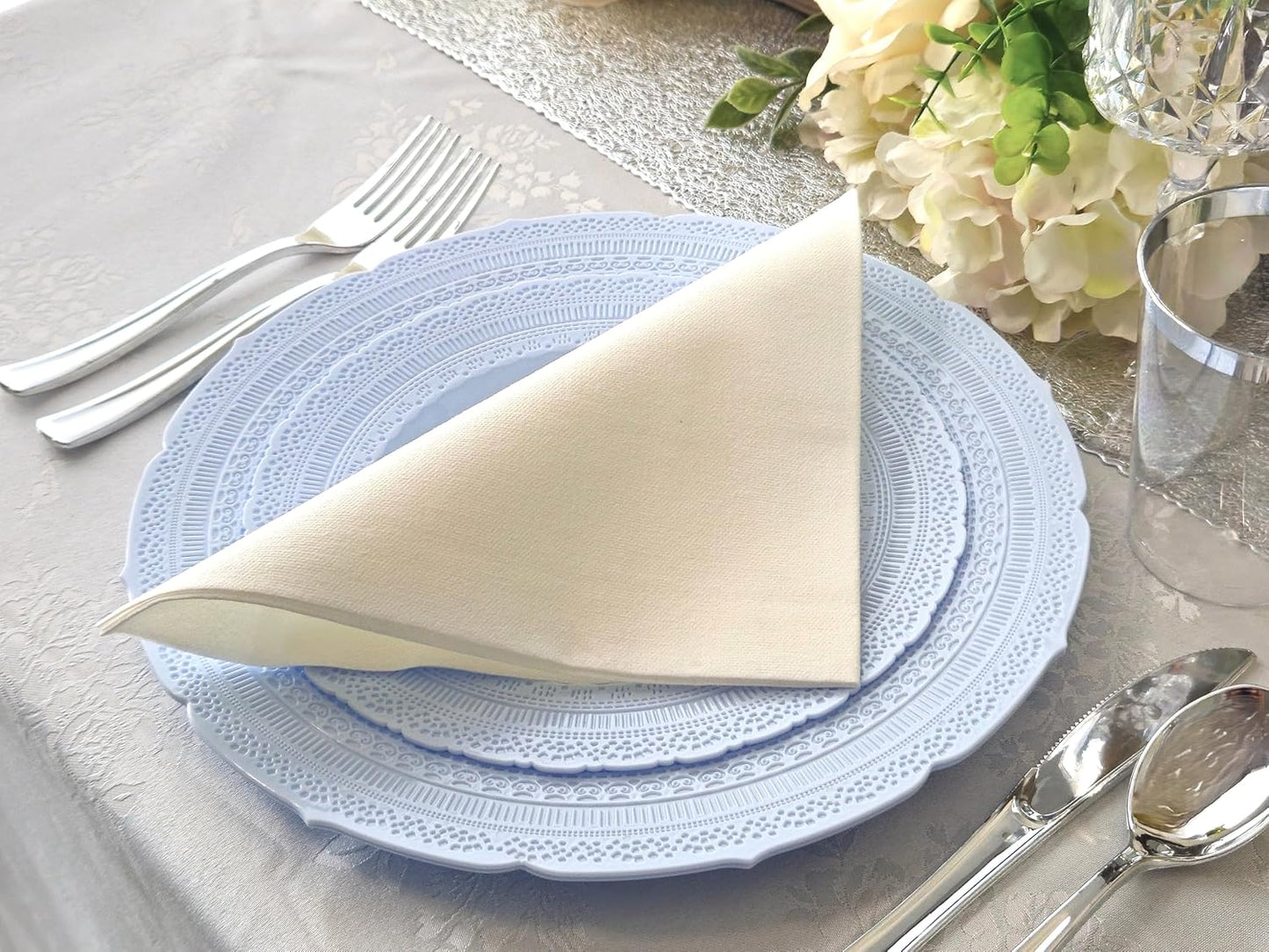 " OCCASIONS " 120 Plates Pack,(60 Guests) Extra Heavyweight Vintage Wedding Disposable/Reusable Plastic Plates 60 x 11'' Dinner + 60 x 8.25'' Salad/Dessert Plate (Chateau Blue)