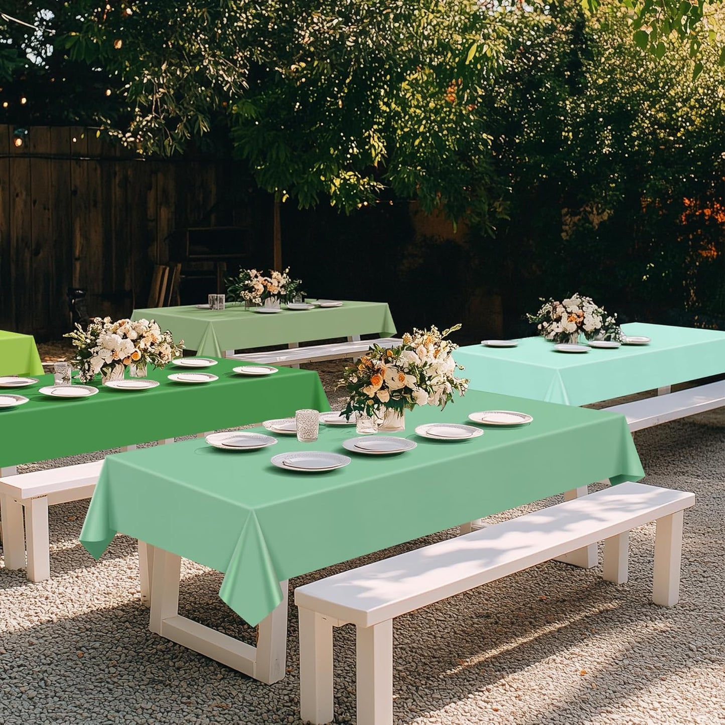 6 Pieces Green Series Rectangle Tablecloth, 54x72 Solid Color Waterproof & Spillproof Disposable Plastic Table Cover, Durable Party Tablecloth for Dining, Buffet, Picnic, Outdoor Events