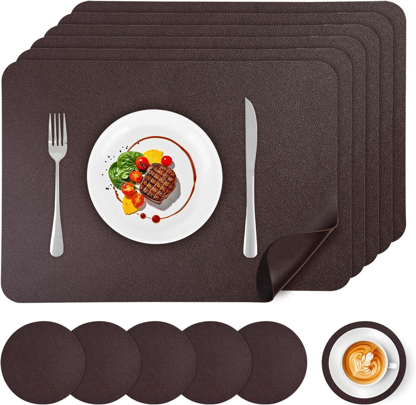 Vinyl Placemats Set of 6, Faux Leather Heat Resistant Kitchen Place Mats, Waterproof Wipeable Dining Table Mats and Coasters for Indoor, Outdoor (Coffee)