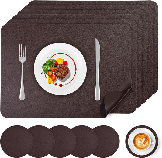 Vinyl Placemats Set of 6, Faux Leather Heat Resistant Kitchen Place Mats, Waterproof Wipeable Dining Table Mats and Coasters for Indoor, Outdoor (Coffee)