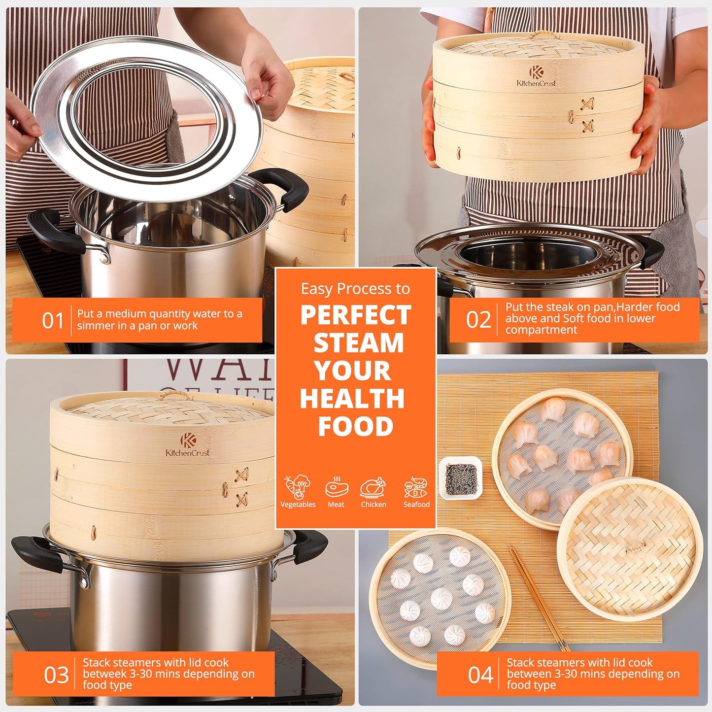 Bamboo Steamer Basket for Chinese Asian Cuisine - 2 Tier 10-Inch Steaming Basket Bun Vegetable Steam, Dumpling Steamer bamboo steam basket, Sauce Dish, Chopsticks, Reusable Liners, Ring