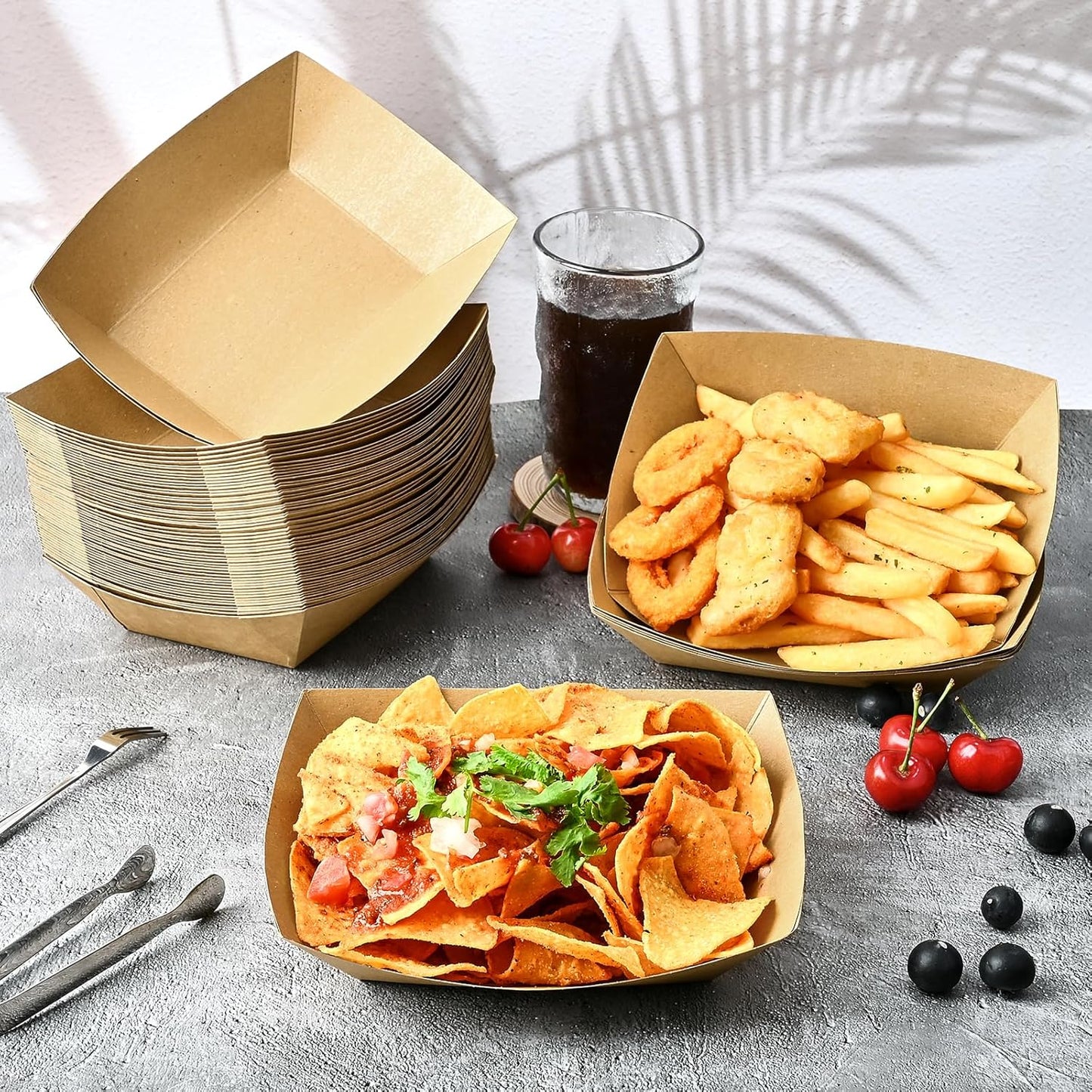 Ocmoiy 3lb Paper Food Trays, 50 Pack Heavy Duty Kraft Food Boats Holders Disposable Serving Basket Trays for Nachos, Tacos, Fries, Hot Dog, Corn, BBQ, Festivals, Party