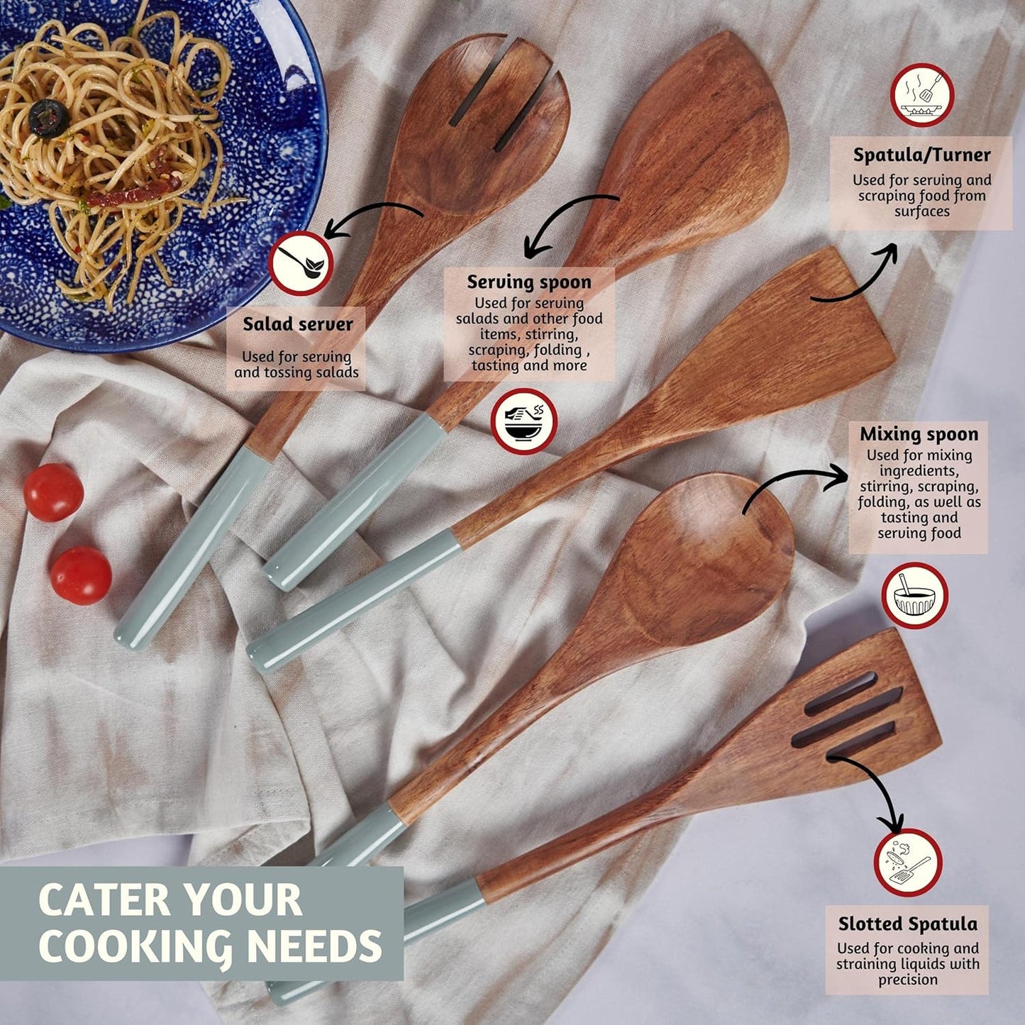 Folkulture Wooden Spoons for Cooking | 12" Premium Acacia Wooden Utensil Set of 5 - Smooth Finish, Soft Comfort Cooking Utensils Set for Kitchen, Gifts | Non Stick Wooden Cooking Utensils Set of 5