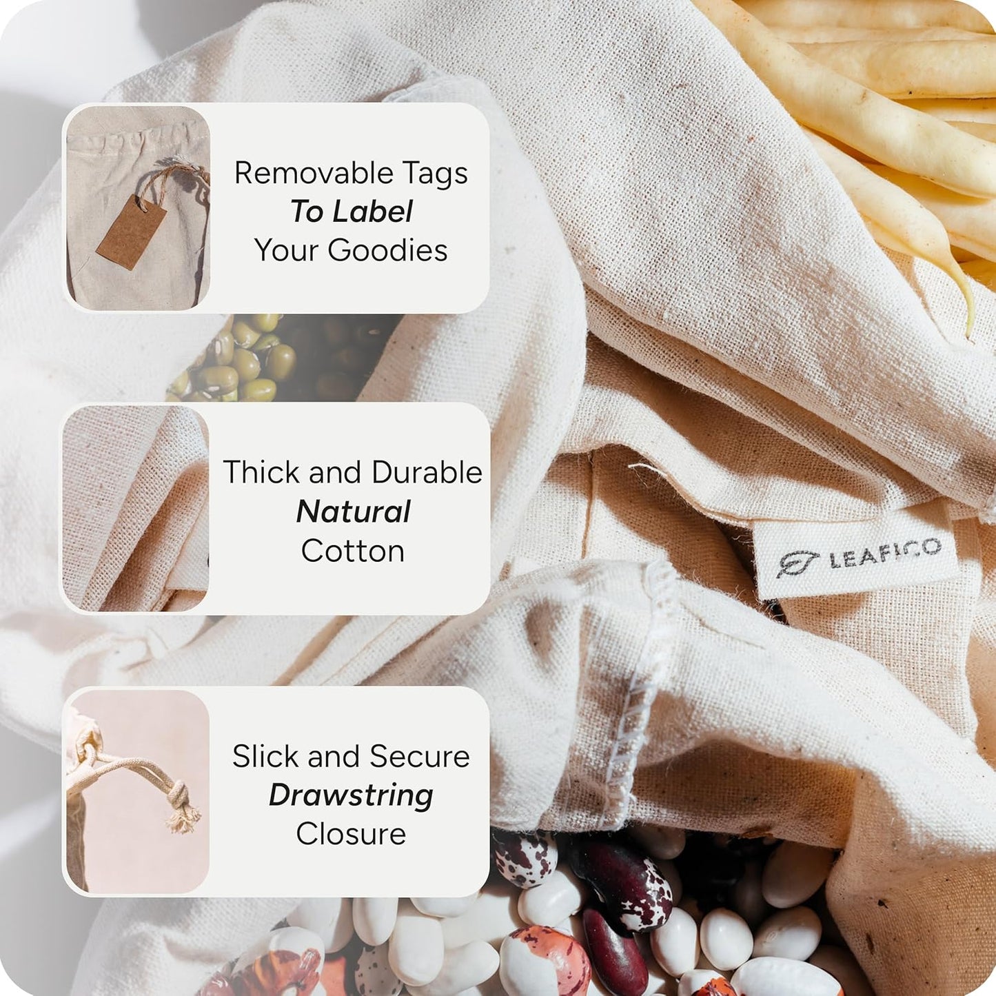 LEAFICO Muslin Cloth Bags with Drawstrings - Set of 8 (S, M, L, XL) - Reusable Natural Cotton Bags for Bulk Food Storage - Canvas Fabric Sachets