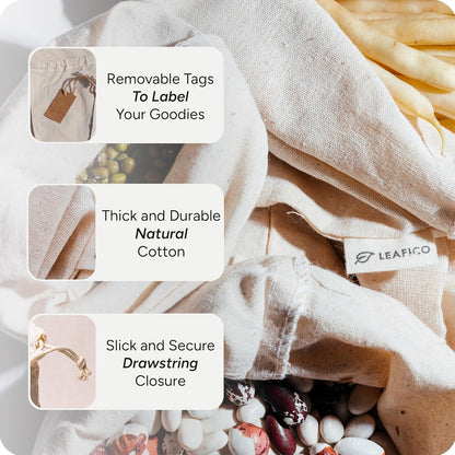 LEAFICO Muslin Cloth Bags with Drawstrings - Set of 8 (S, M, L, XL) - Reusable Natural Cotton Bags for Bulk Food Storage - Canvas Fabric Sachets